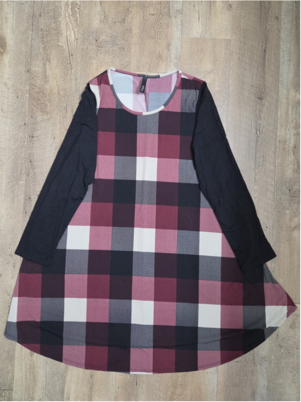 VOLL Women Tunic Top Dress Buffalo Plaid Colorblock Raglan Long Sleeve Stretch